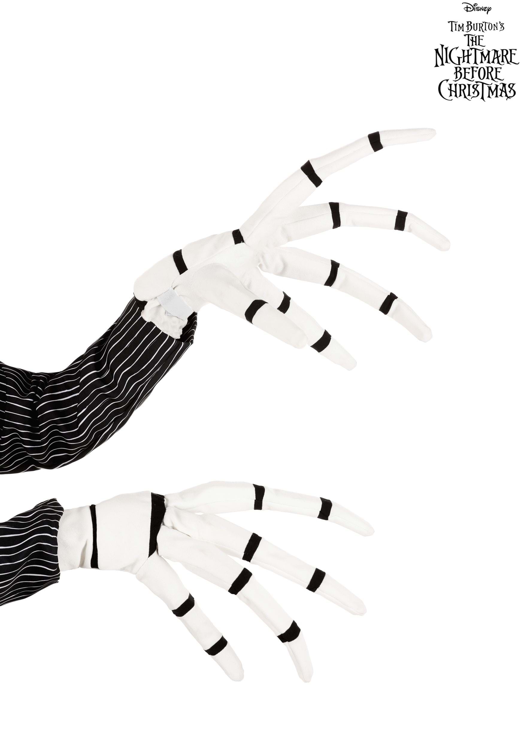 Black-and-white striped Skellington costume gloves.