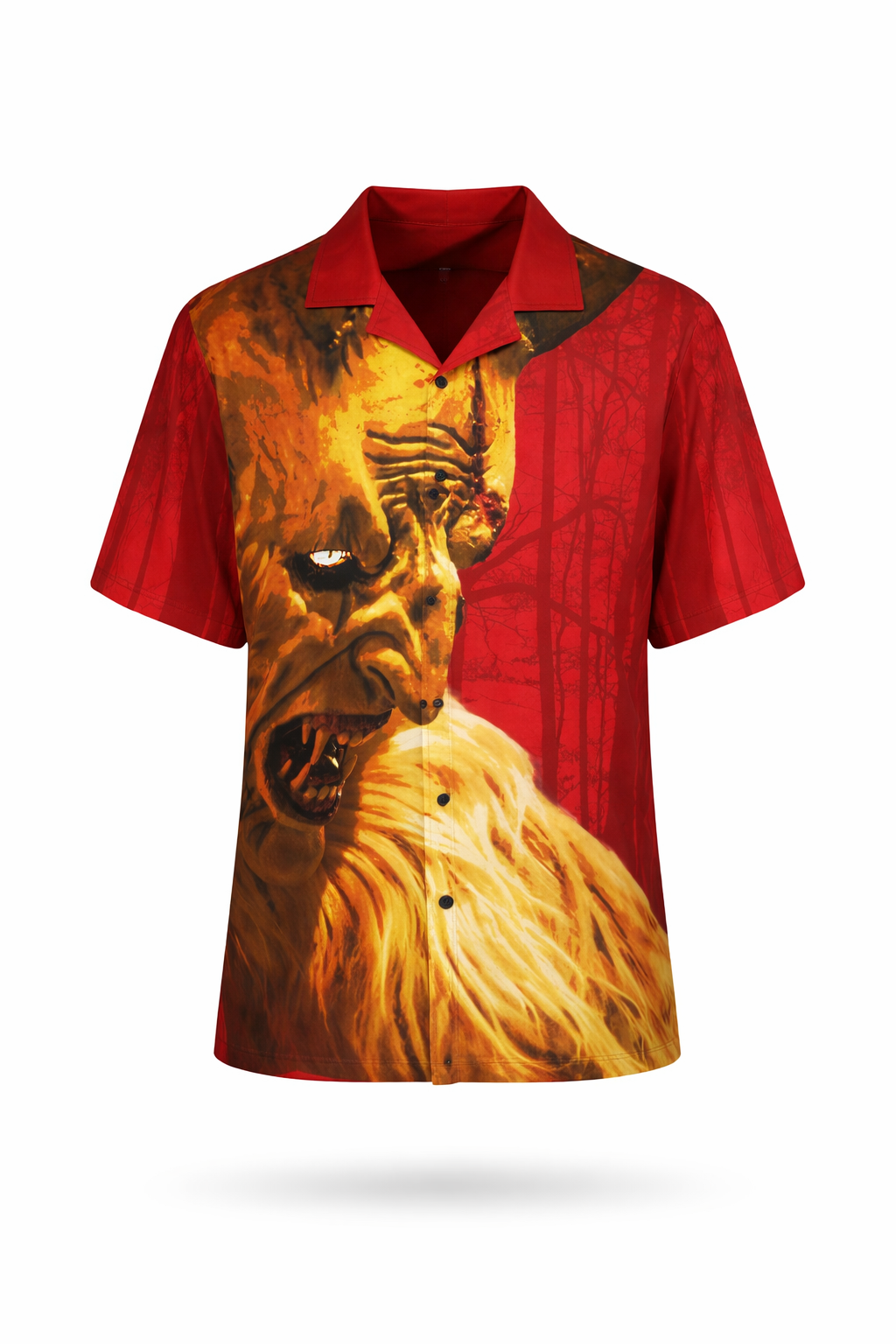 Krampus Close Up Gothic Button-Up Shirt featuring a fierce design with red background and dramatic forest imagery.