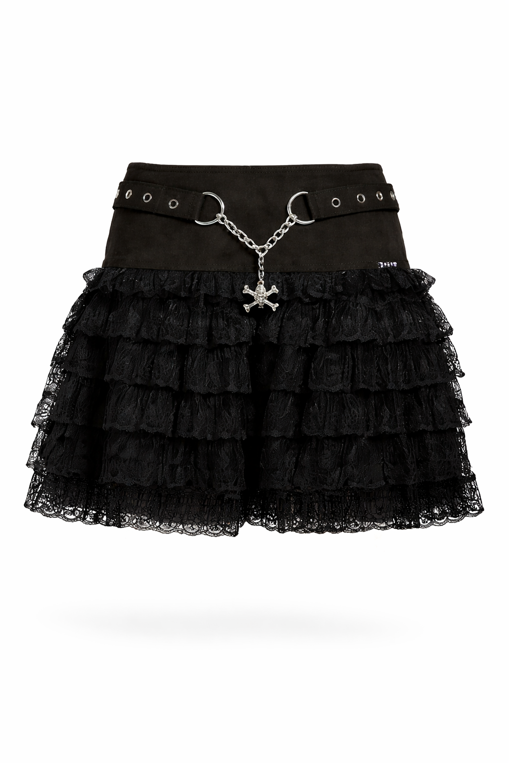 Black Tripp NYC Lace to Lace ruffled skirt with chain detail.
