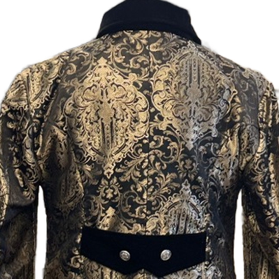 Back view of the Gold Brocade Coat – Burleska Raven Gothic Jacket showcasing intricate gold brocade design.
