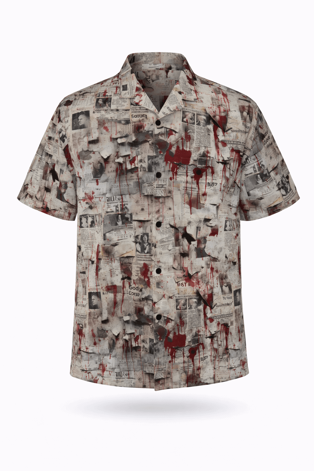 Gothic horror button-up shirt featuring blood-smeared newspaper print, perfect for Halloween lovers and horror enthusiasts.