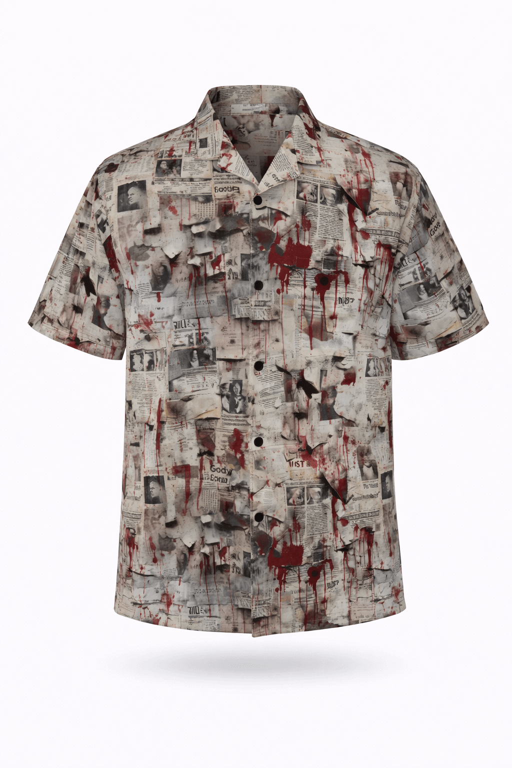 Gothic horror button-up shirt featuring blood-smeared newspaper print, perfect for Halloween lovers and horror enthusiasts.