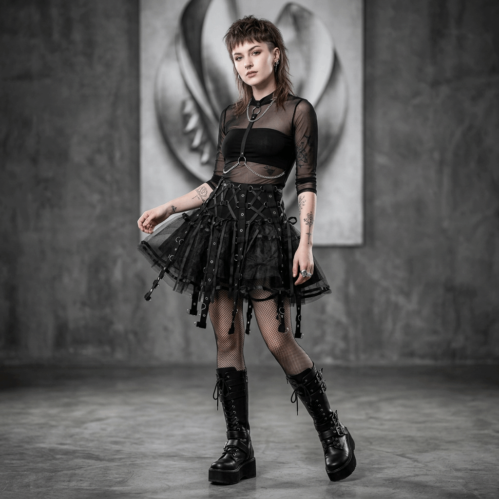 Woman in a black outfit with sheer elements standing in a studio setting.