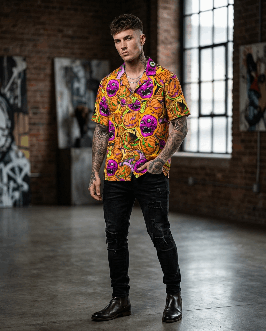 Man wearing a colorful patterned shirt in an urban setting with brick walls and large windows.
