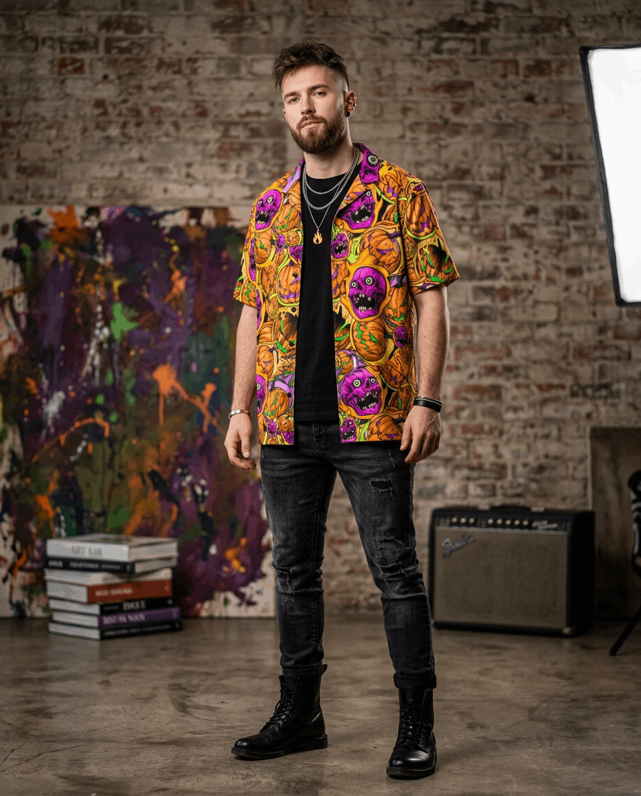 Man wearing a colorful floral shirt in front of a brick wall with artistic background
