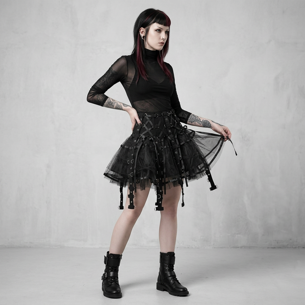 Person wearing a black gothic outfit with a tulle skirt against a gray background