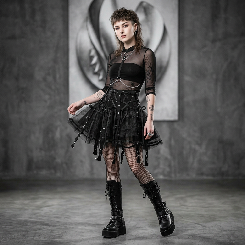 Woman in a black outfit with sheer elements standing in a studio setting.