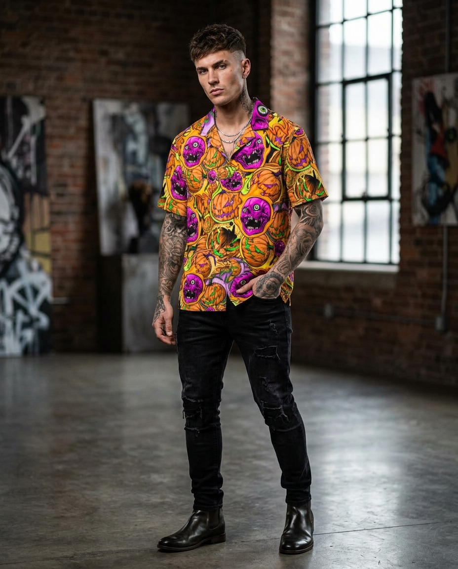 Man wearing a colorful patterned shirt in an urban setting with brick walls and large windows.