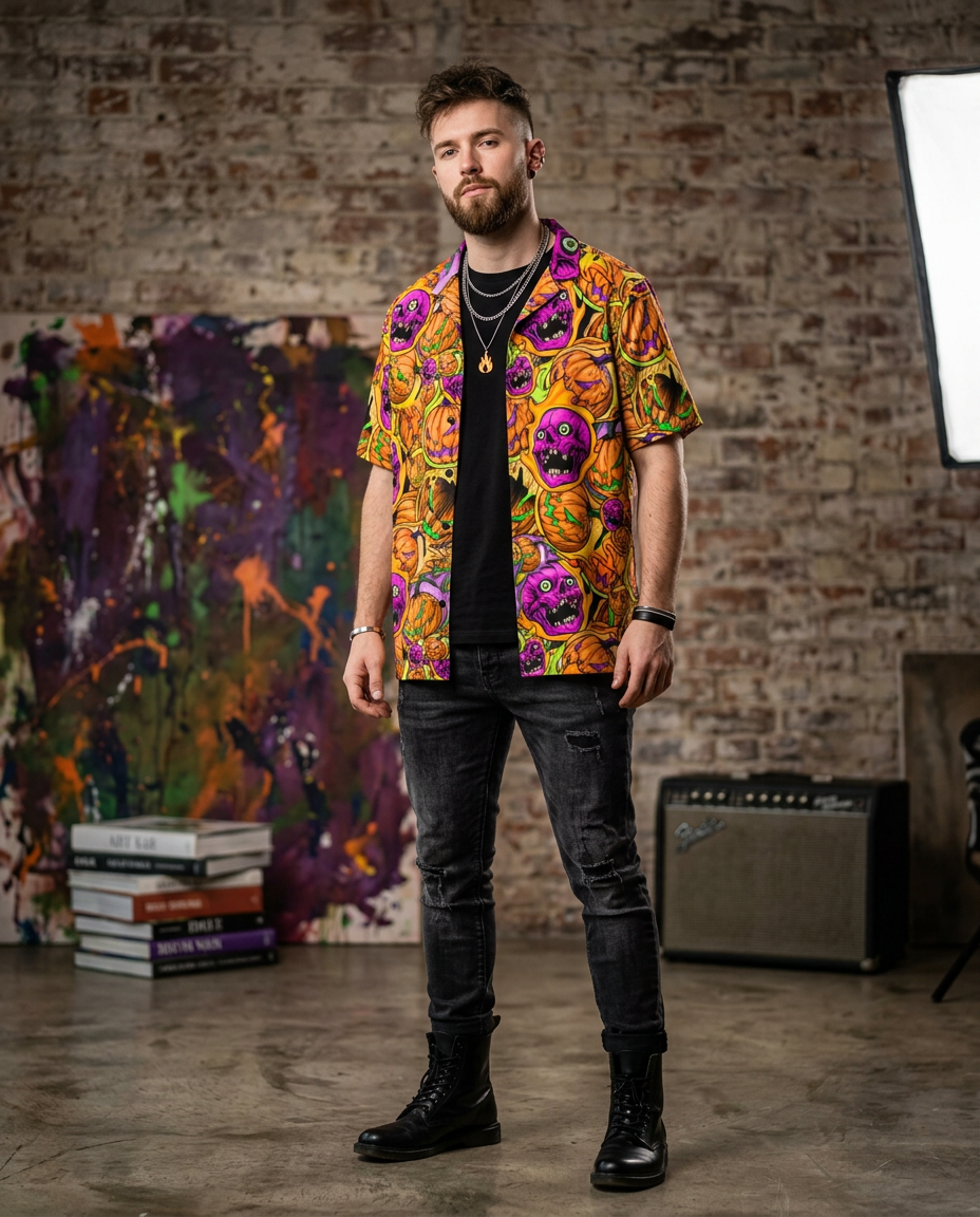 Man wearing a colorful floral shirt in front of a brick wall with artistic background