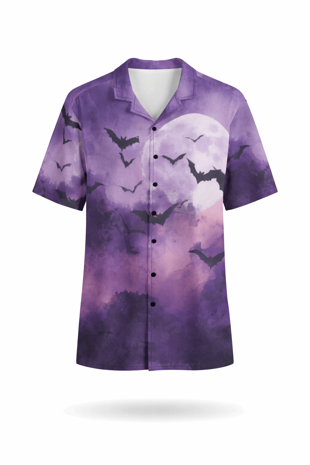 Moonlit bat-print button-up shirt.