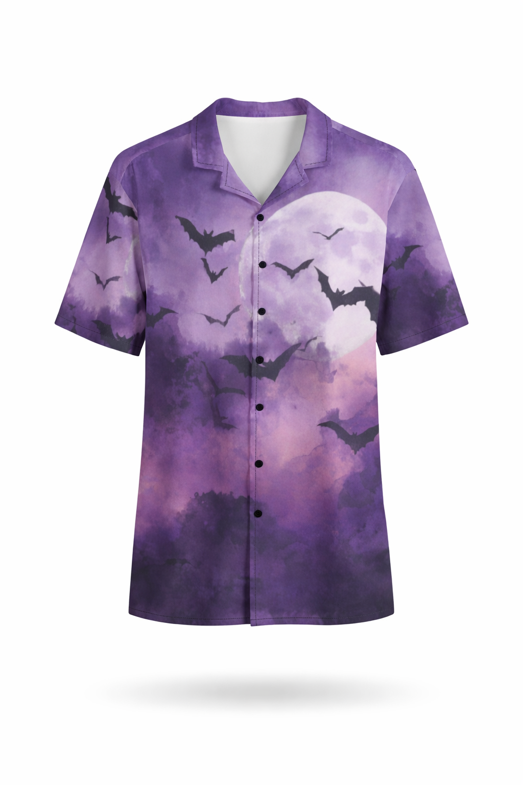 Bats in the Moonlight Gothic Button-Up Shirt featuring a moonlit sky print with bats and clouds.