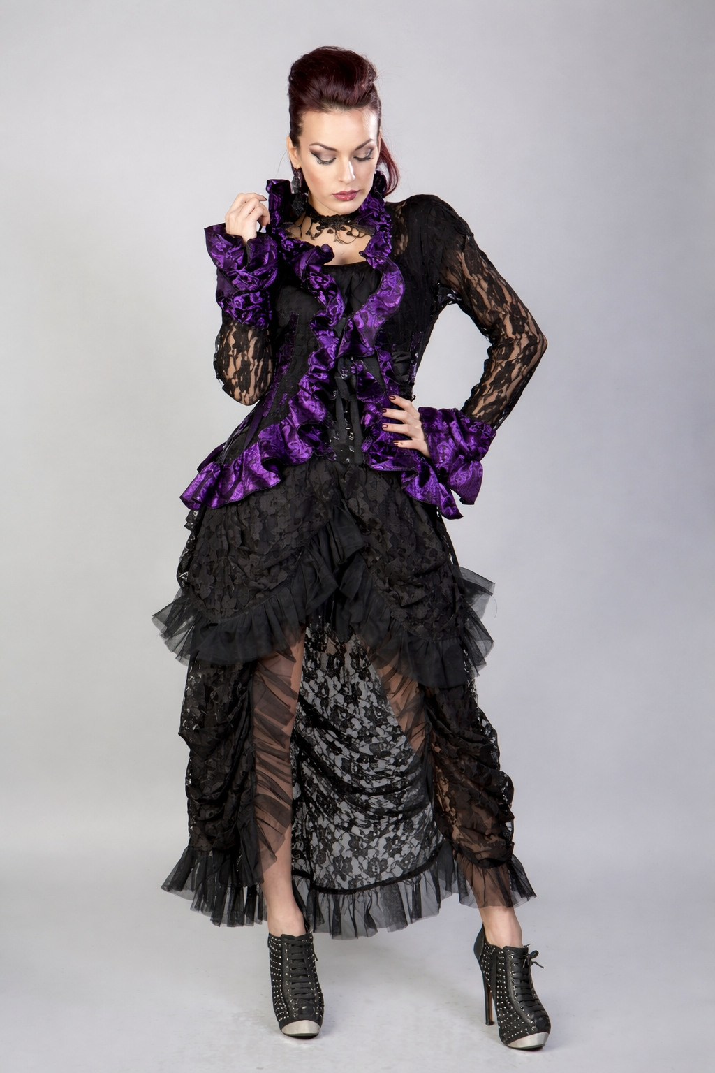 Model showcasing the Purple Gothic Jacket – Burleska Morticia Jacket with dramatic lace and ruffles.