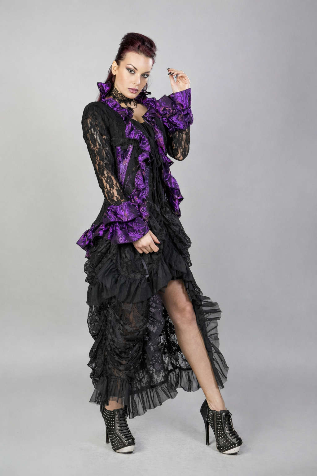 Purple Gothic Jacket – Burleska Morticia Jacket showcased on model, featuring Victorian-inspired design and dramatic flair.