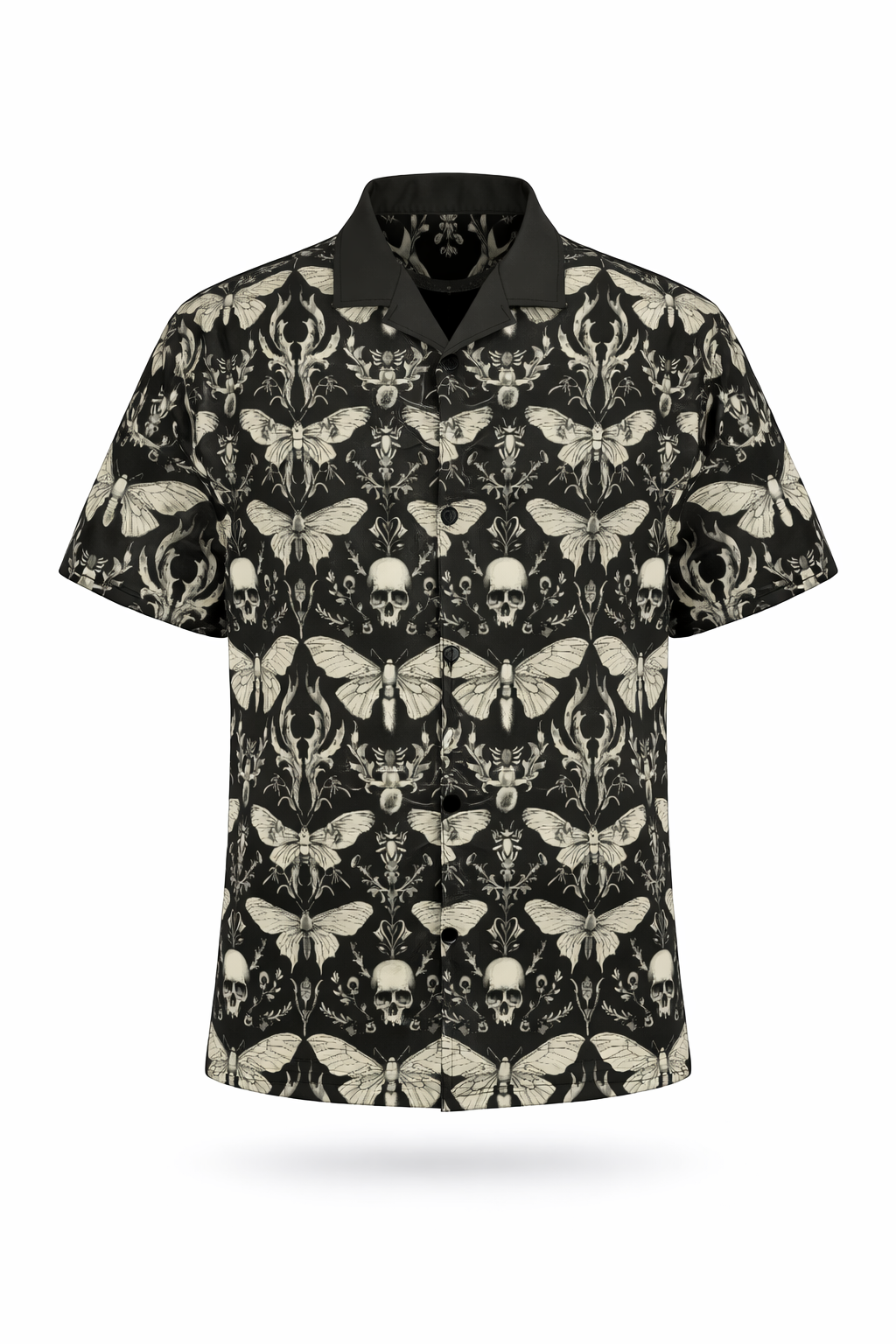 Moths & Oddities short-sleeve button-up shirt with skulls and moths design on black background.