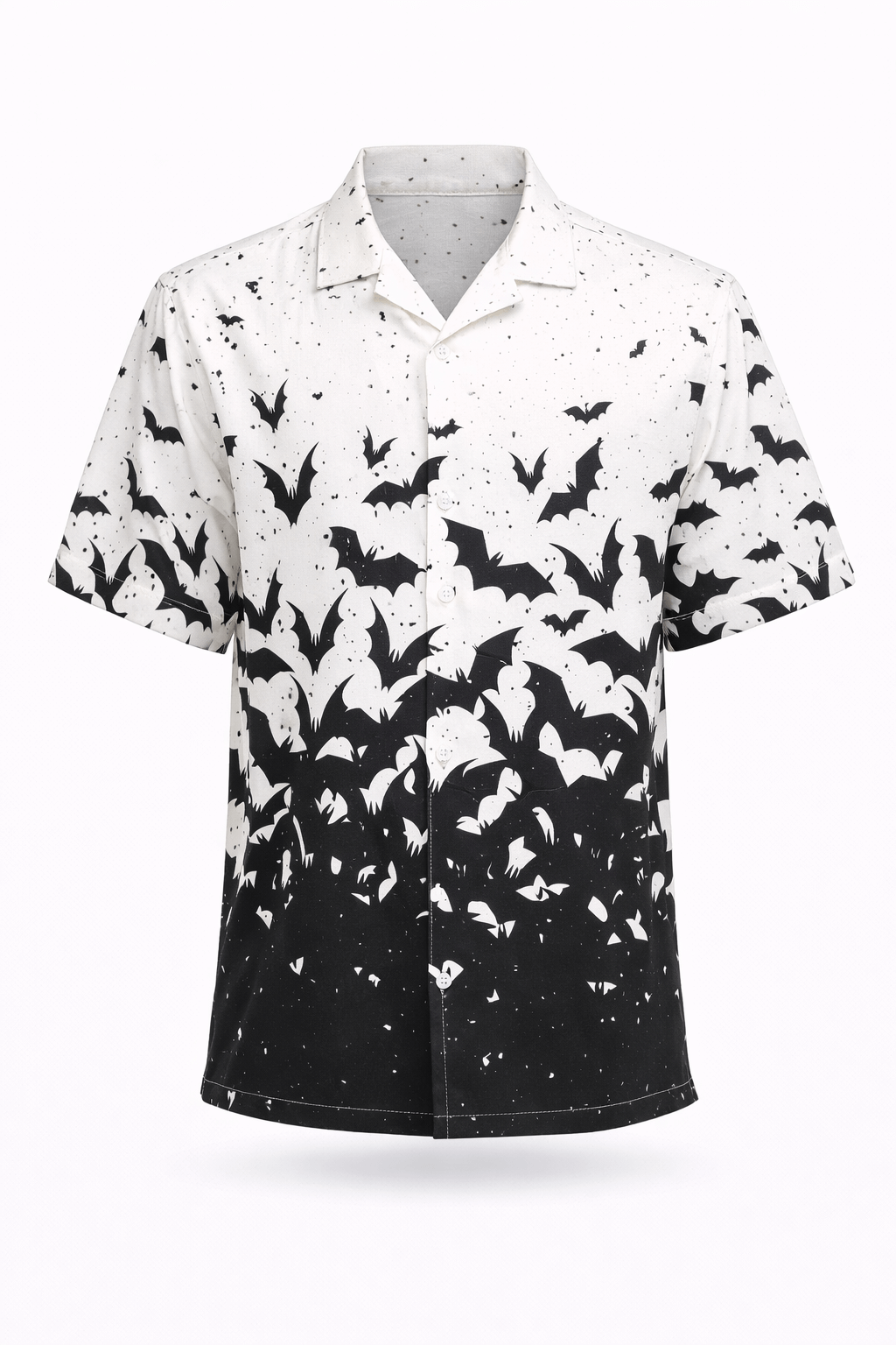Ombre of Bats short-sleeve button-up shirt with bat swarm design and white-to-black gradient.