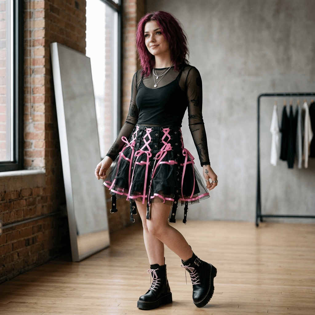 Woman wearing a black outfit with pink accents in a room with brick walls and large windows.