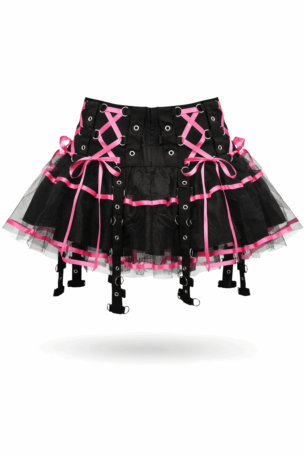 Black and pink skirt with lace-up front on a white background - back view