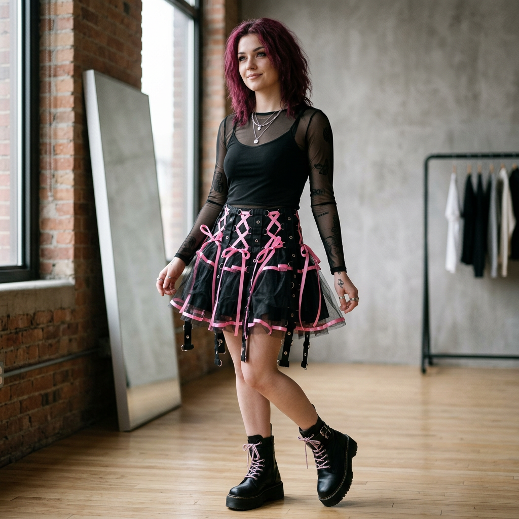 Woman wearing a black outfit with pink accents in a room with brick walls and large windows.