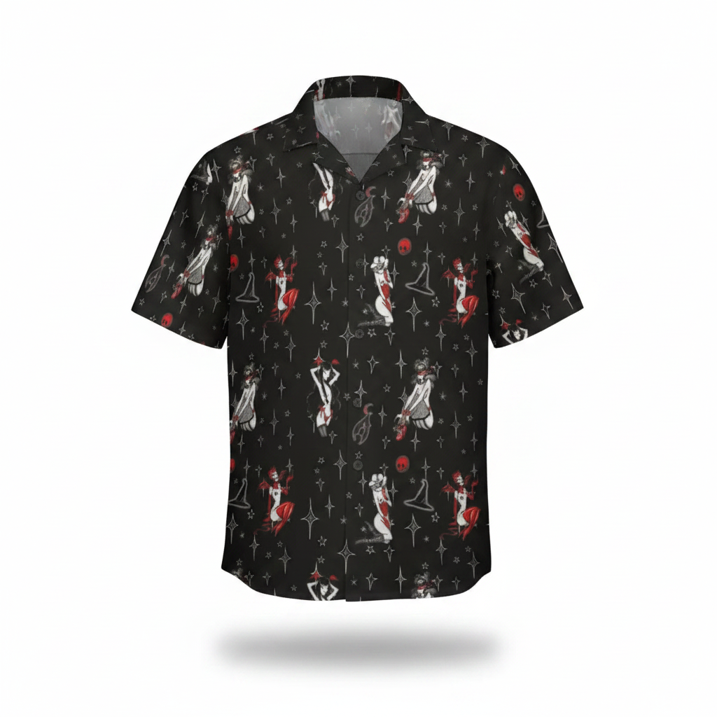 Gothic Cuties pinup-print artist-series button-up shirt.