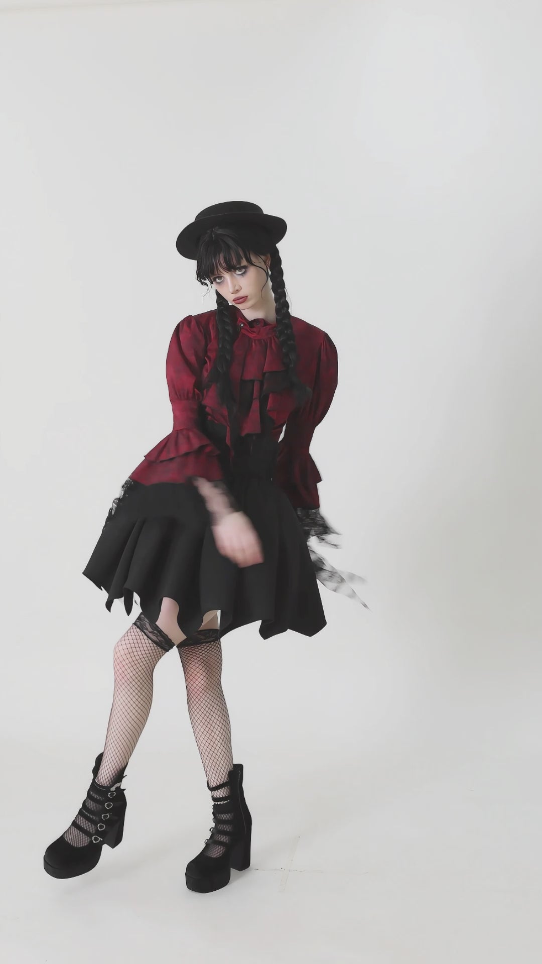 Crimson Button-Up Blouse with Removable Ascot