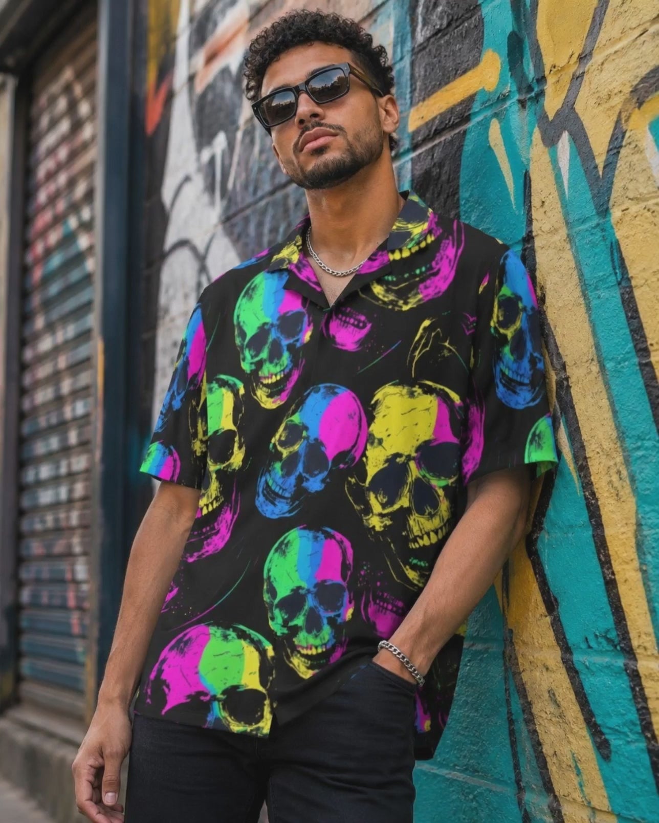 Neon Skulls Gothic Button-Up Shirt