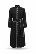 Two-piece black priest costume with white trim.