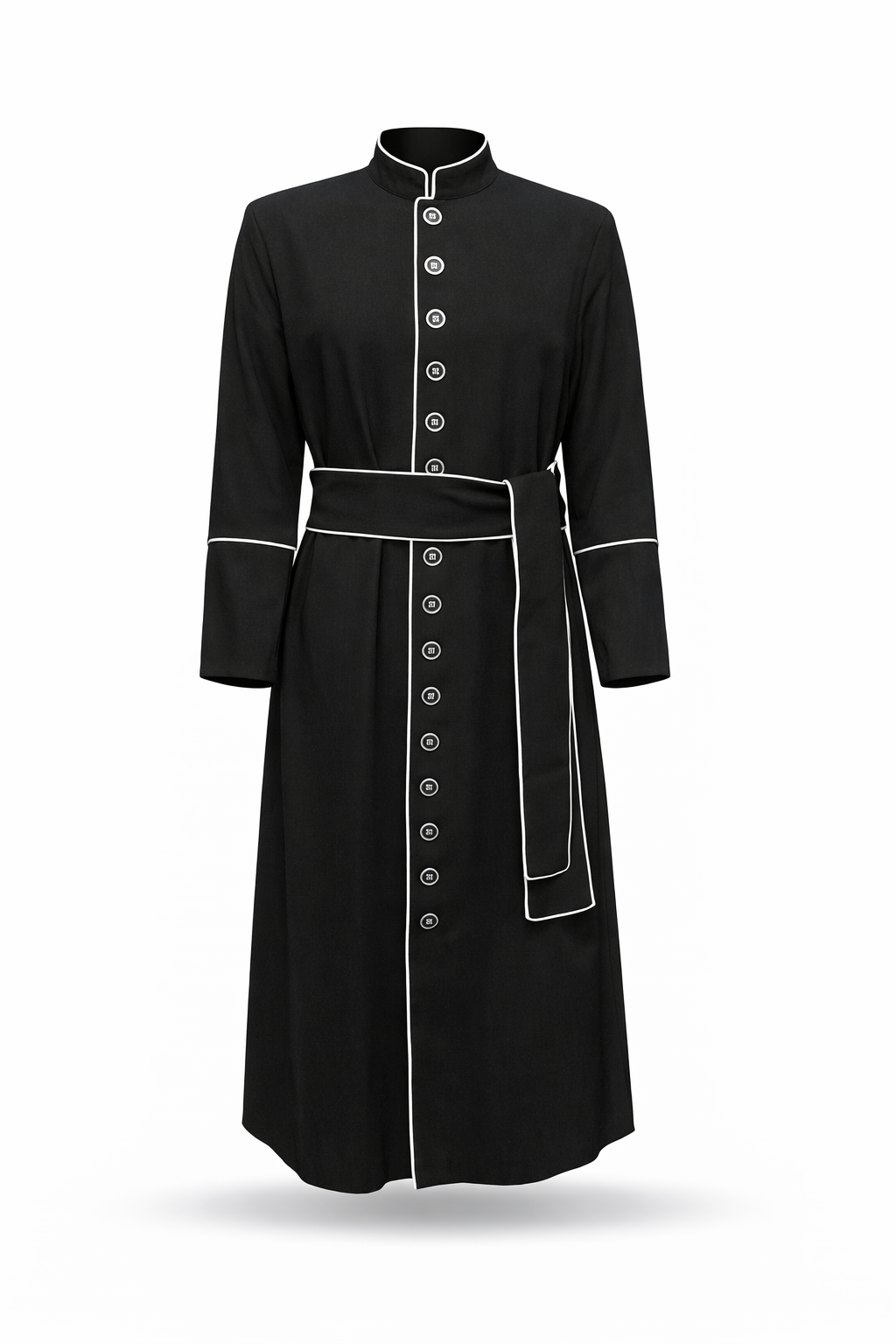 Two-piece black priest costume with white trim.