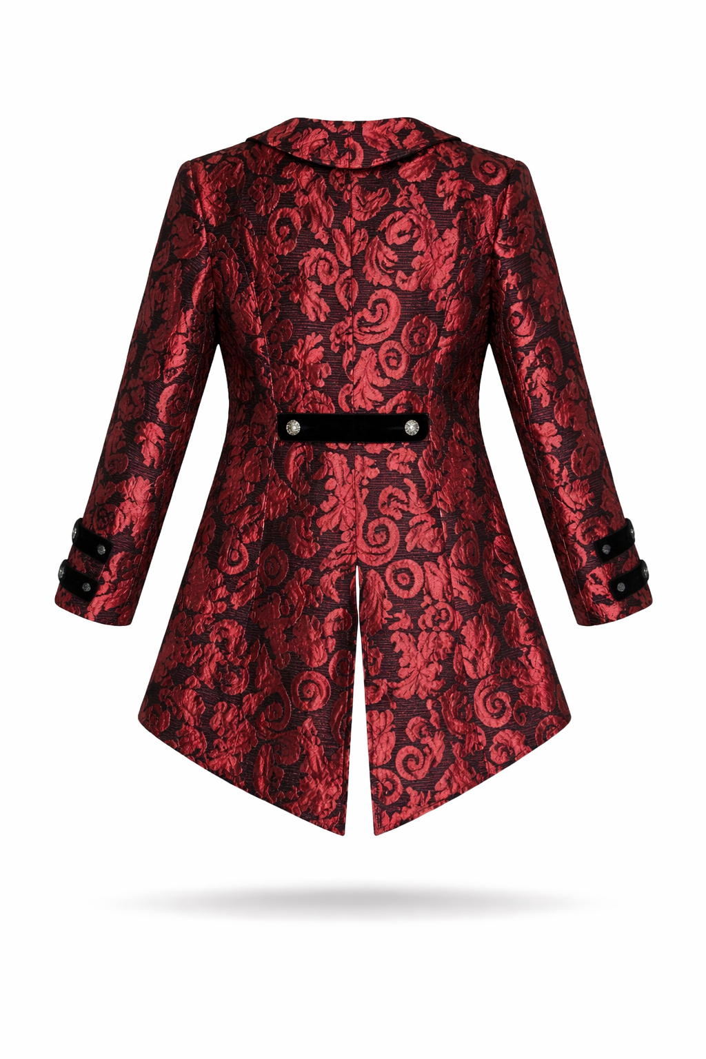 Brocade Tailcoat – Red Gothic Punk Alternative Outerwear showcasing an elegant design with intricate detailing and stylish cut.