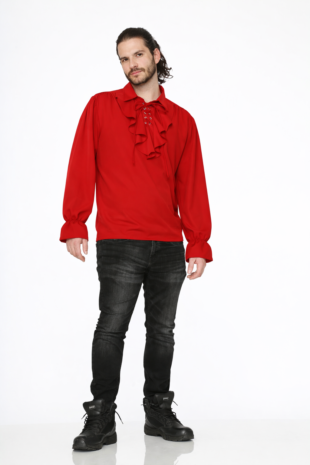 Red Pirate Shirt – Gothic Renaissance Pirate Costume Top worn by model, featuring ruffled collar and bold red color.