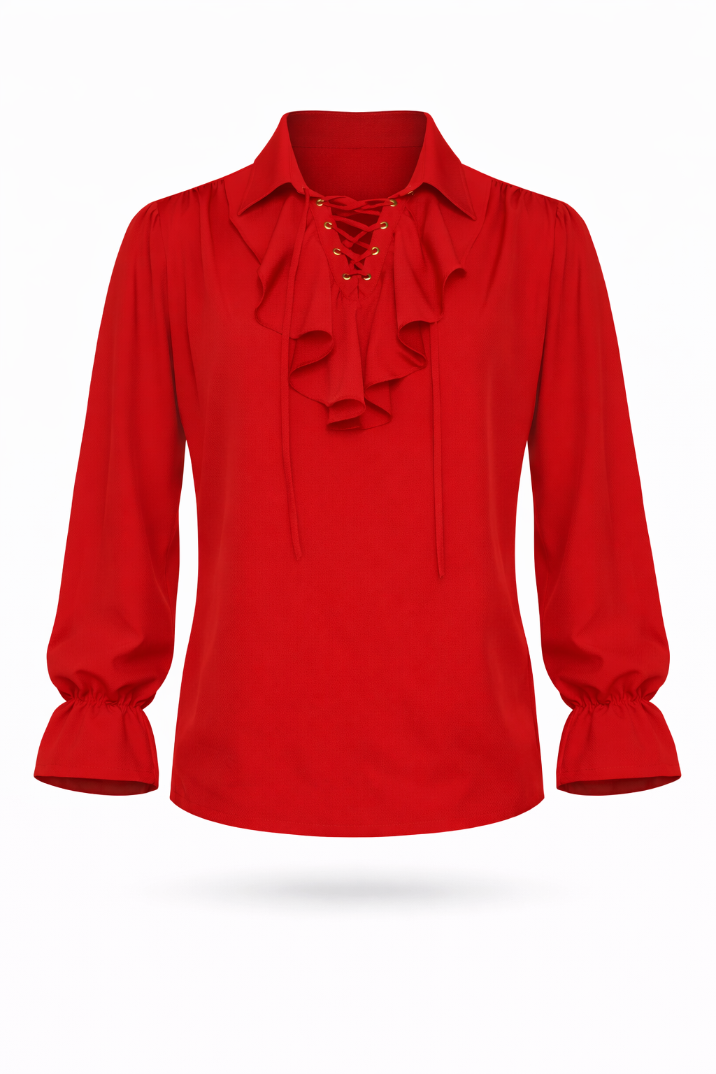 Red Pirate Shirt – Gothic Renaissance Pirate Costume Top showcasing a vibrant red fabric with a stylish ruffled design.