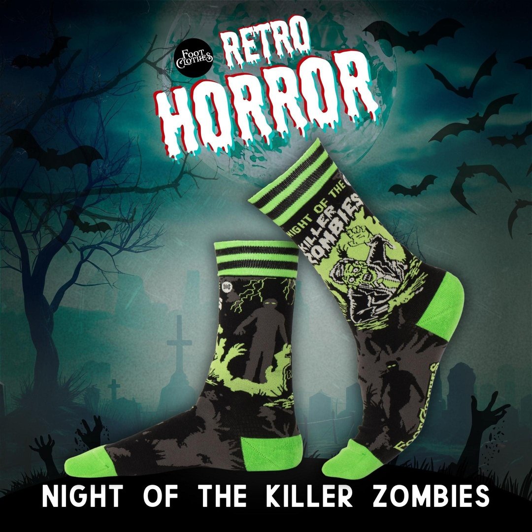 Retro horror socks pack featuring Night of the Killer Zombies design with green accents and spooky background.