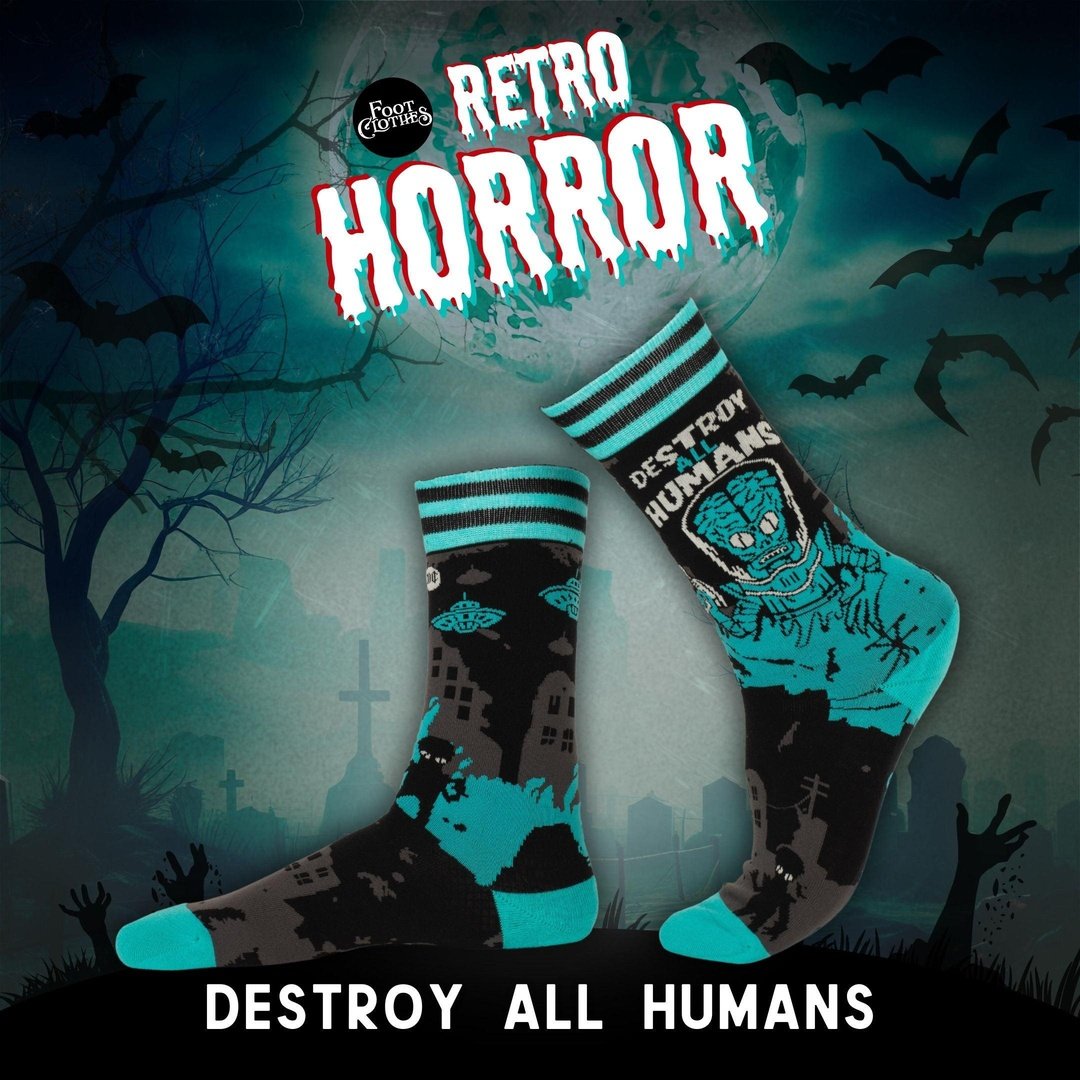 Retro horror socks pack featuring 'Destroy All Humans' design with vibrant colors and spooky elements.