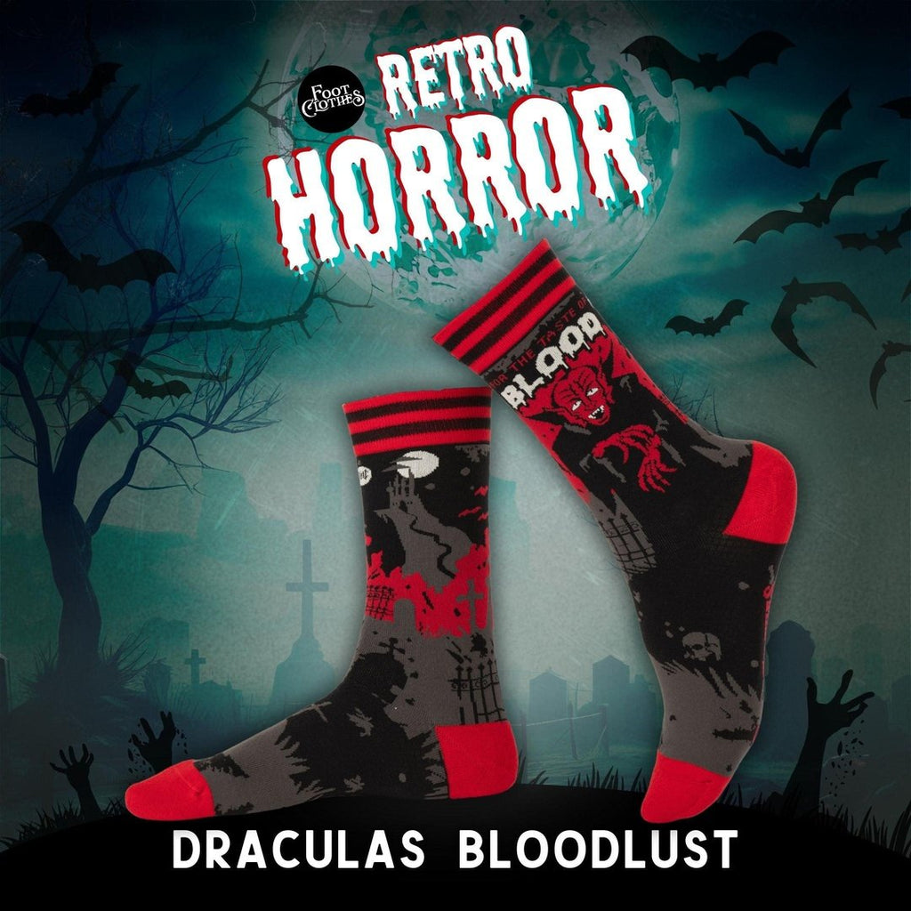 Retro horror socks pack featuring Dracula Bloodlust design with bats and creepy elements.