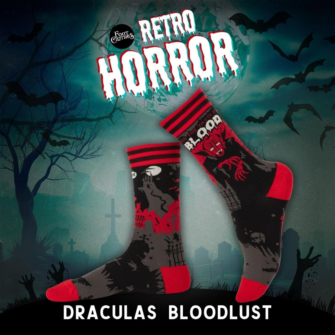 Retro horror socks pack featuring Dracula Bloodlust design with bats and creepy elements.