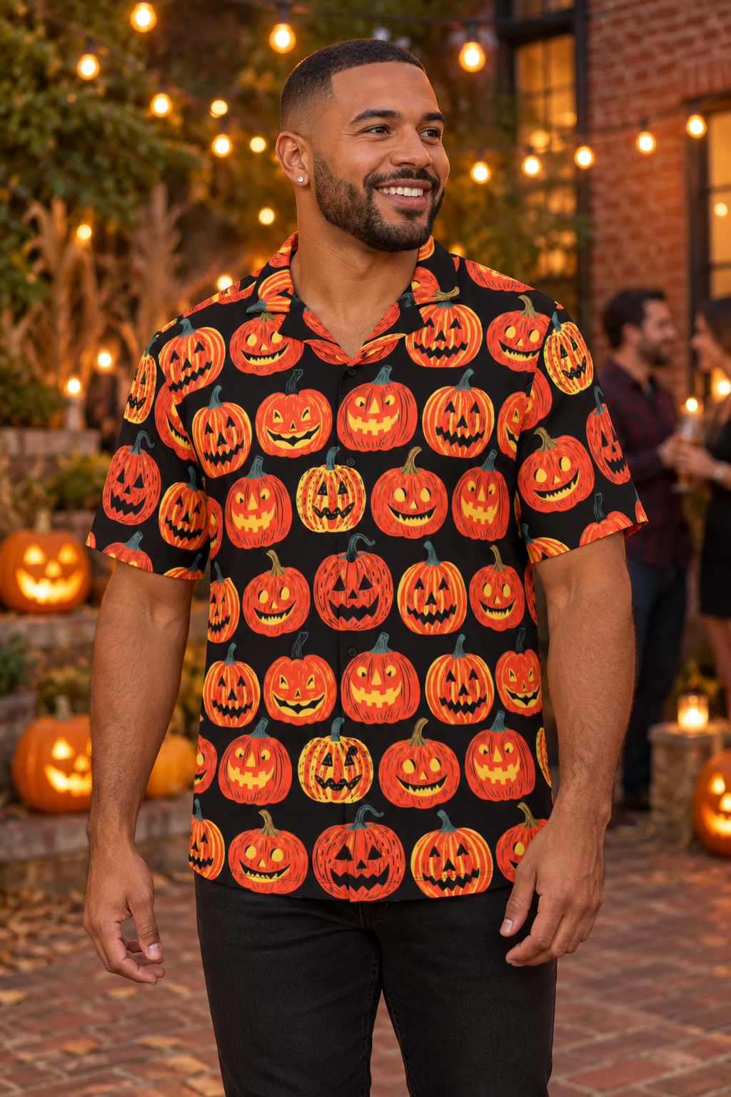 Man wearing Retro Pumpkins by Skelly Shirts at an outdoor Halloween gathering