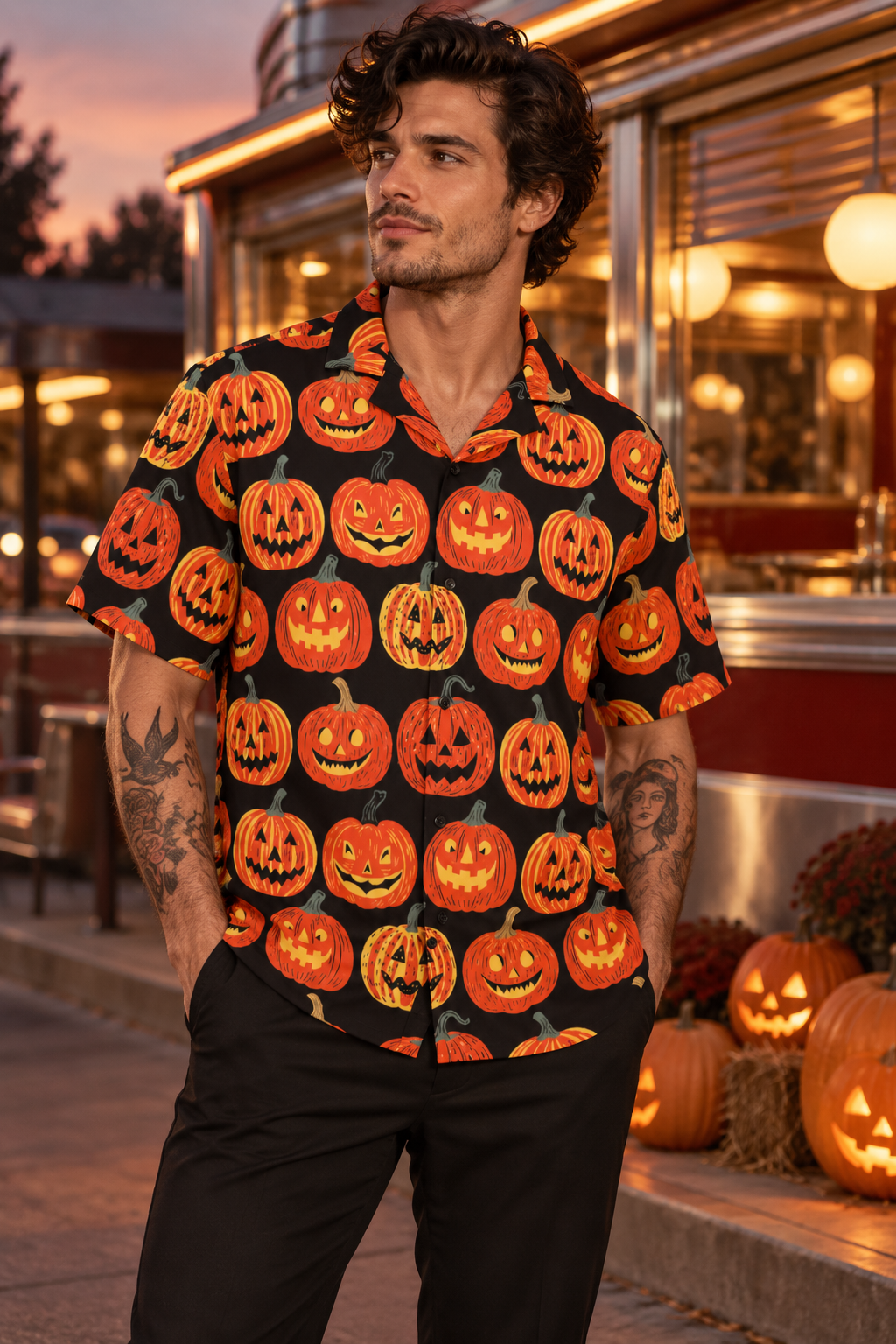Man wearing Retro Pumpkins by Skelly Shirts outside a retro diner