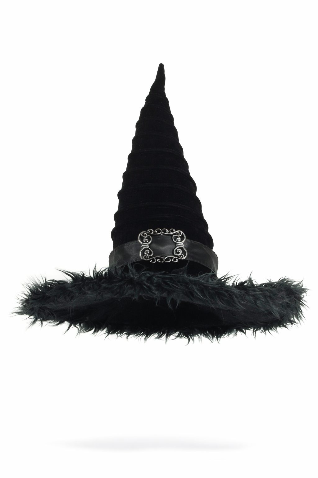 Ridged witch hat with feather trim.