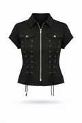 Black rope-detail top with front zipper and pointed collar.