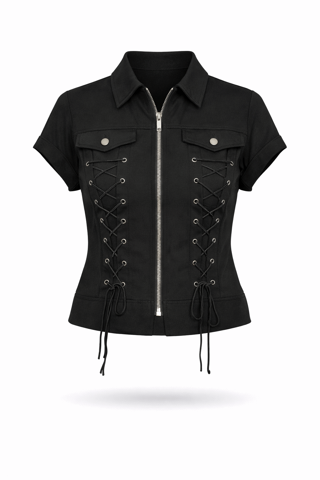 Black rope-detail top with front zipper and pointed collar.