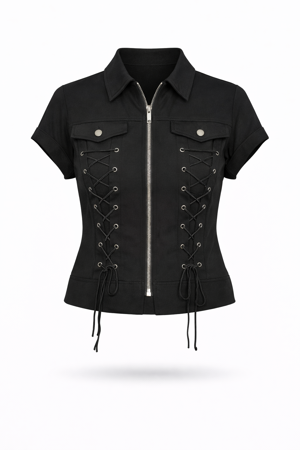 Black Gothic Rope Top featuring lace-up detailing and a front zip closure with pointed collar.