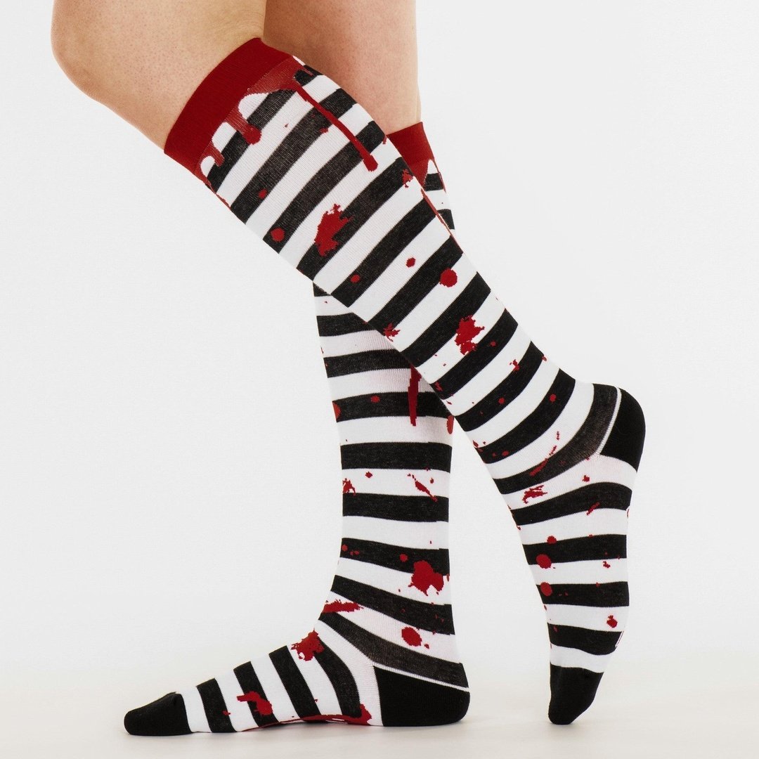 Sanguine Stripes blood-spatter knee-high socks.