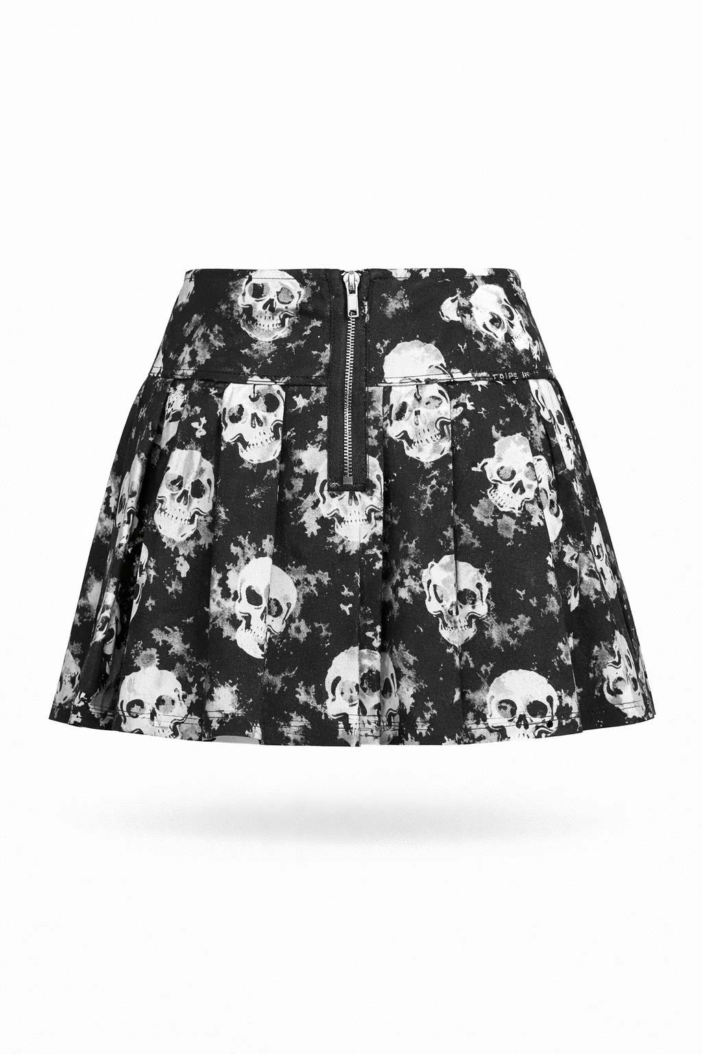 Tripp NYC Mary Chain Shadow Skill Pleated Skirt featuring a skull print, pleated twill, and back zip closure.
