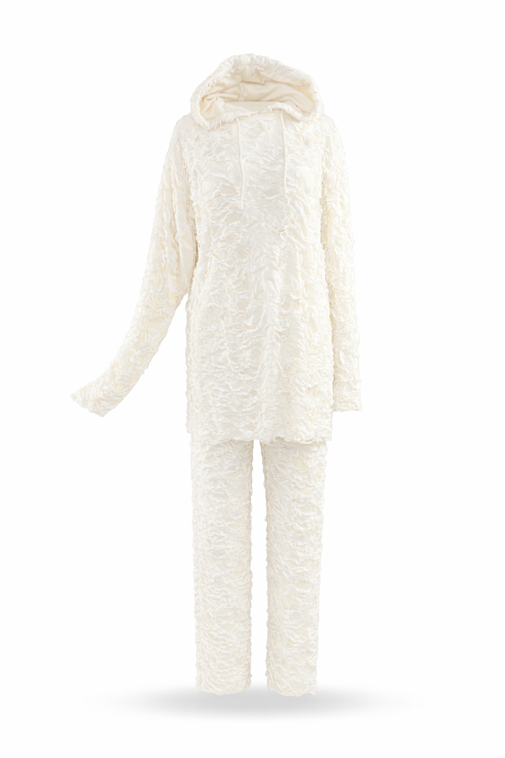 Distressed Hoodie Set – “The Shred Set” 2-Piece Hoodie & Joggers in white, featuring a soft, textured design.