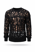 Black ripped open-knit crewneck sweater.
