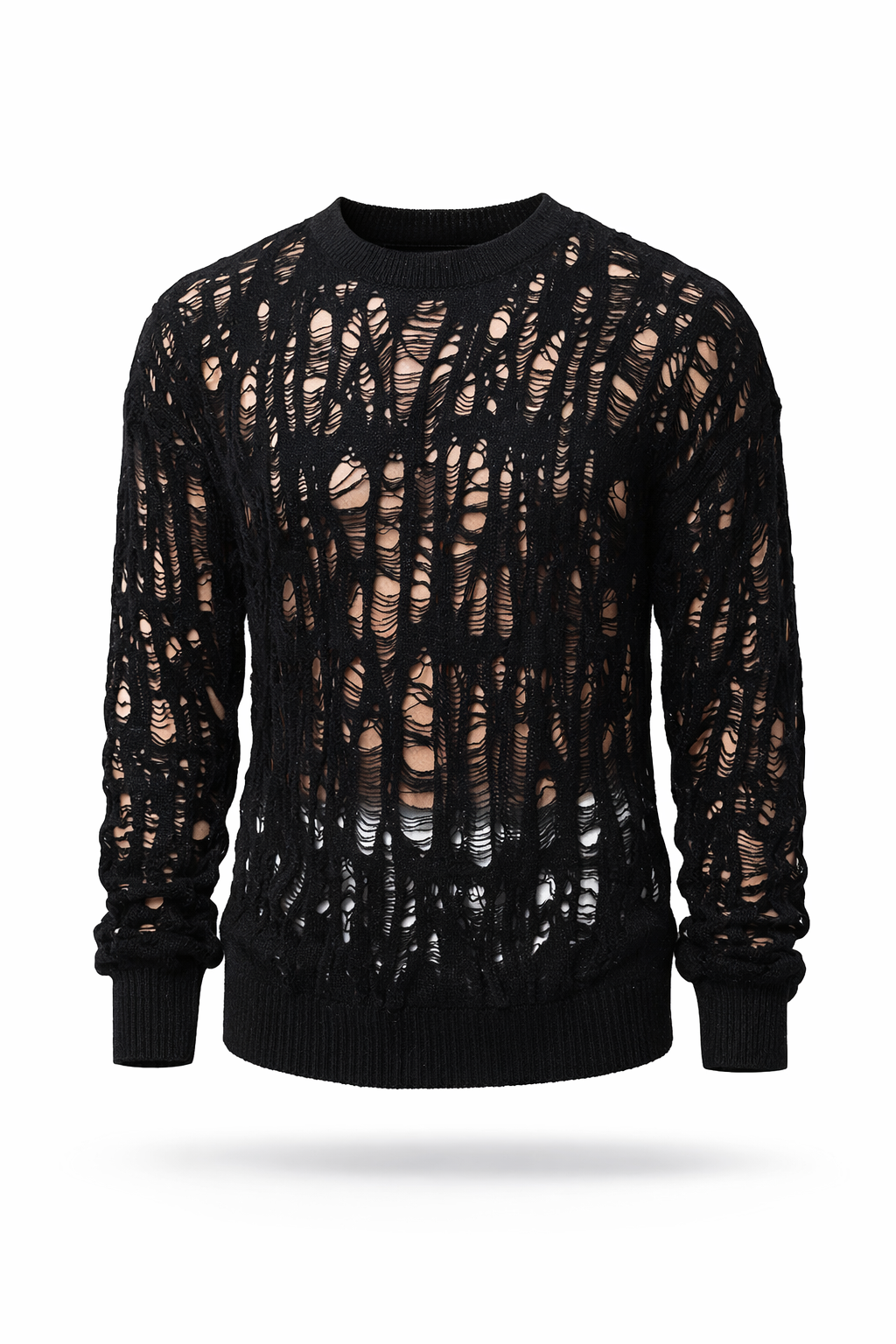 Black ripped open-knit crewneck sweater.