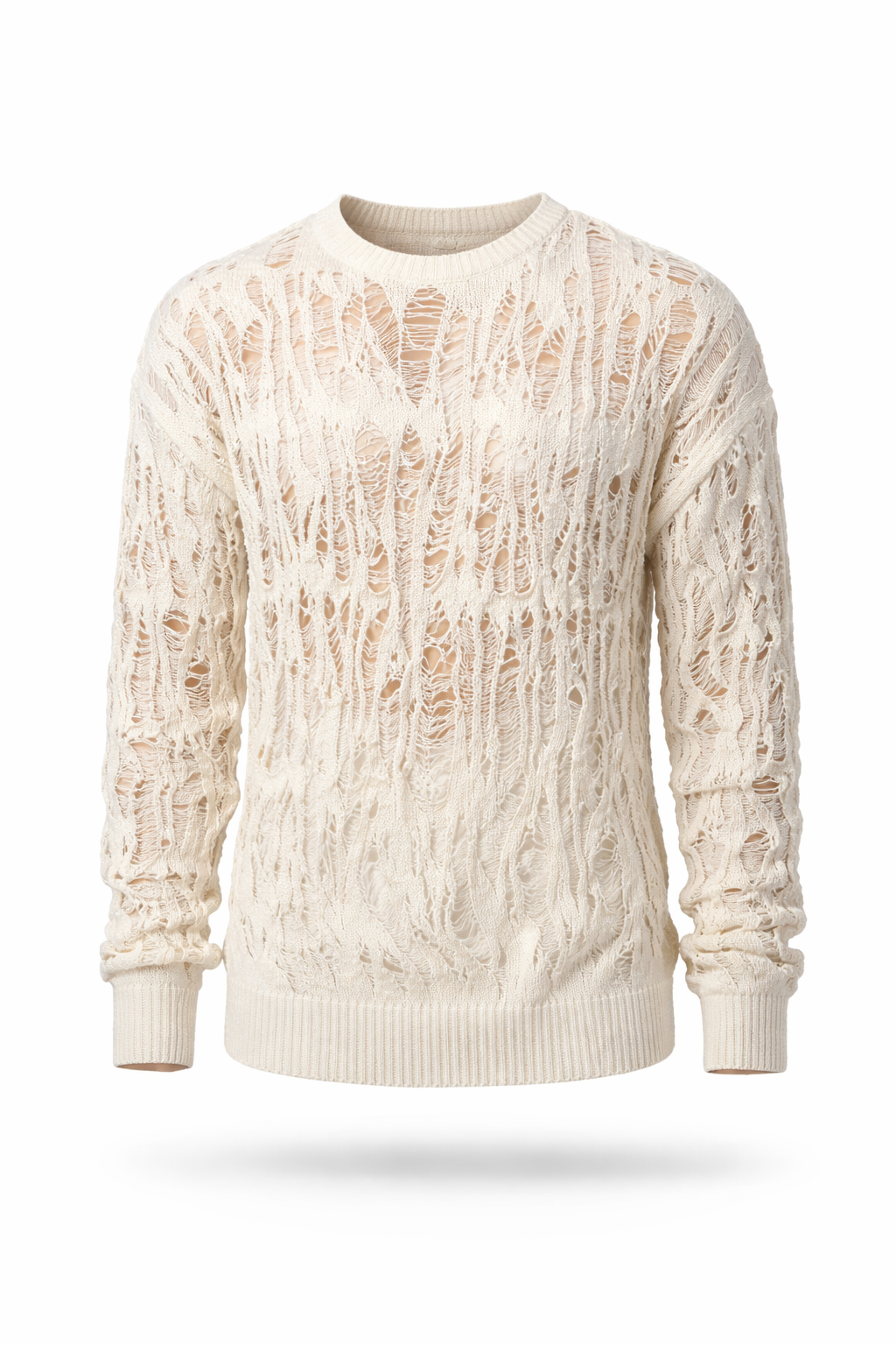 Vintage Ripped / Hollow-Out Mesh Knit Crewneck in cream color with hollow-out texture and ribbed cuffs.