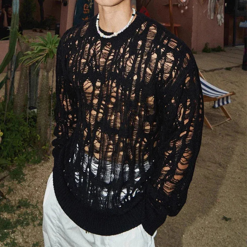 Vintage Ripped / Hollow-Out Mesh Knit Crewneck displayed on a model, showcasing a bold, see-through knit texture.