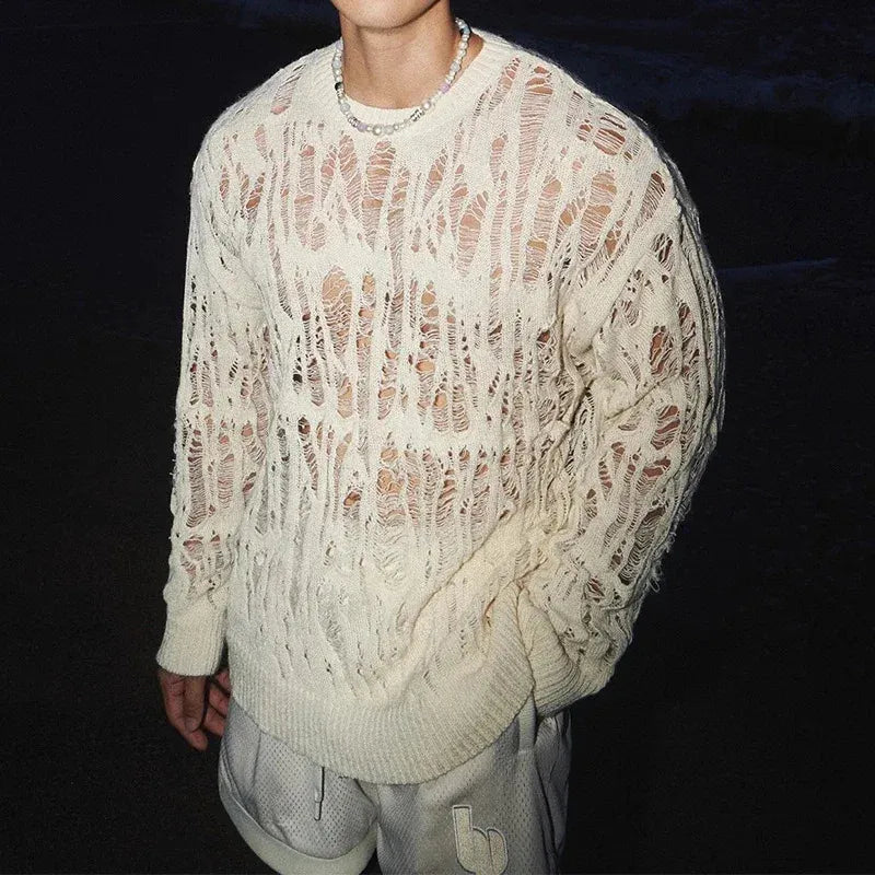 Vintage Ripped / Hollow-Out Mesh Knit Crewneck featuring distressed, see-through texture for bold layering.