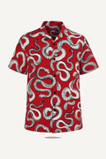 Red button-up shirt with vintage snake print.