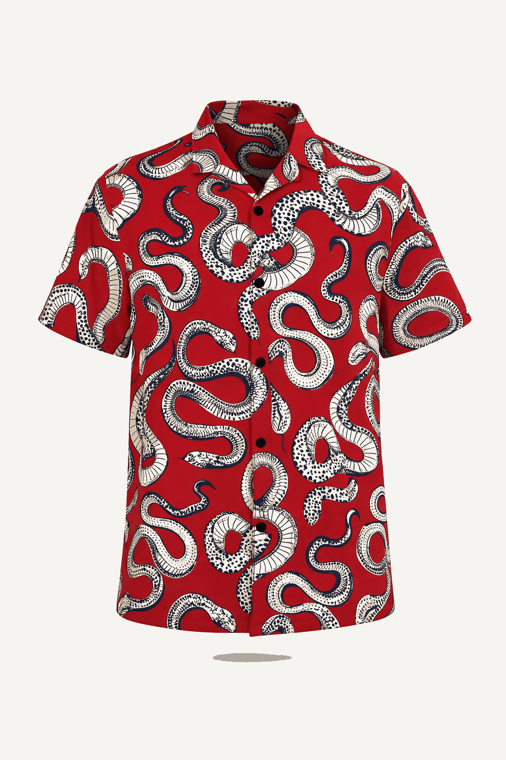 Red button-up shirt with vintage snake print.